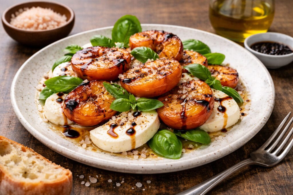 caramelised peach caprese with smoked salt
